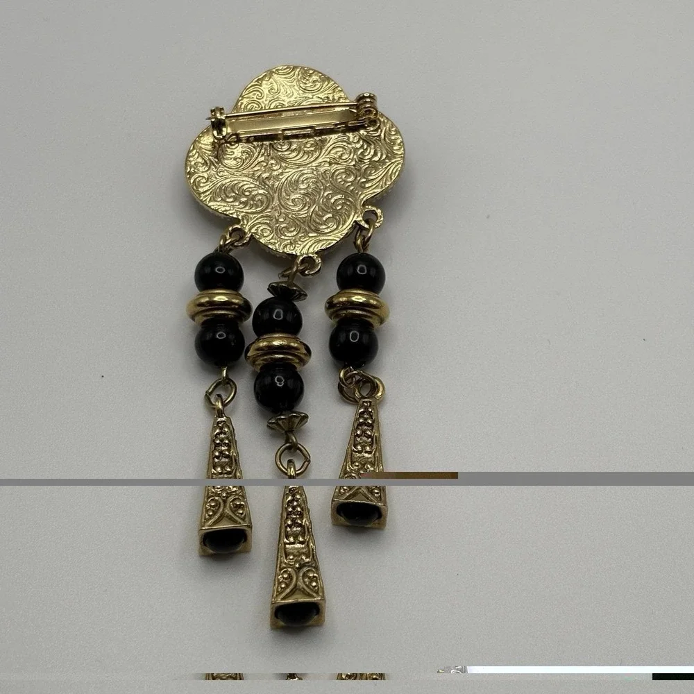 Vintage 1928 Brooch Etruscan Revival Shield Dangle Tassel Gold Black